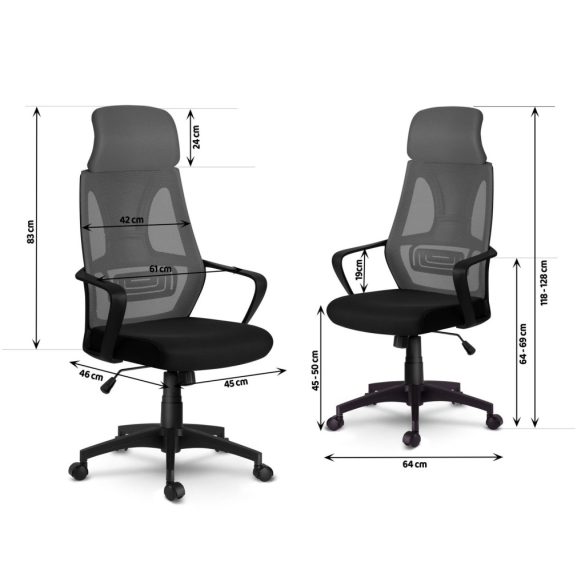 Irodai szék, Sofotel Praga, szürke, 118-128 cm, mikrohálós háttámla, állítható, hintamechanika, gázliftes magasságállítás, gumírozott kerekek