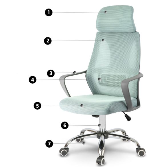 Irodai szék, Sofotel Praga, világoskék, 118-128 cm, mikrohálós háttámla, állítható, hintamechanika, gázliftes magasságállítás, gumírozott kerekek