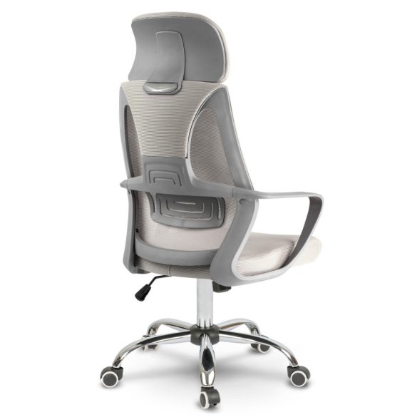 Irodai szék, Sofotel Praga, világosszürke, 118-128 cm, mikrohálós háttámla, állítható, hintamechanika, gázliftes magasságállítás, gumírozott kerekek