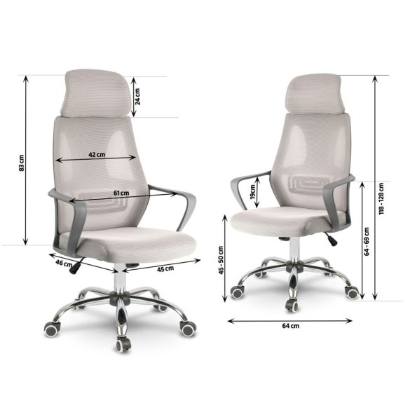 Irodai szék, Sofotel Praga, világosszürke, 118-128 cm, mikrohálós háttámla, állítható, hintamechanika, gázliftes magasságállítás, gumírozott kerekek