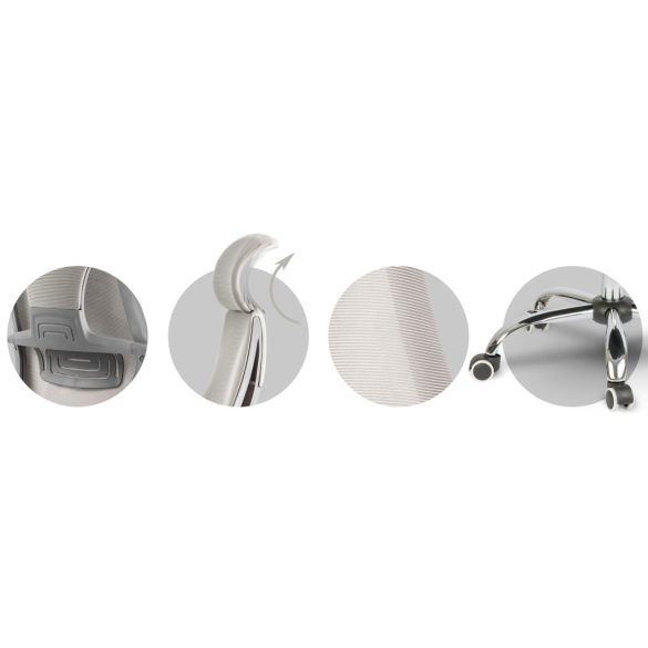 Irodai szék, Sofotel Praga, világosszürke, 118-128 cm, mikrohálós háttámla, állítható, hintamechanika, gázliftes magasságállítás, gumírozott kerekek