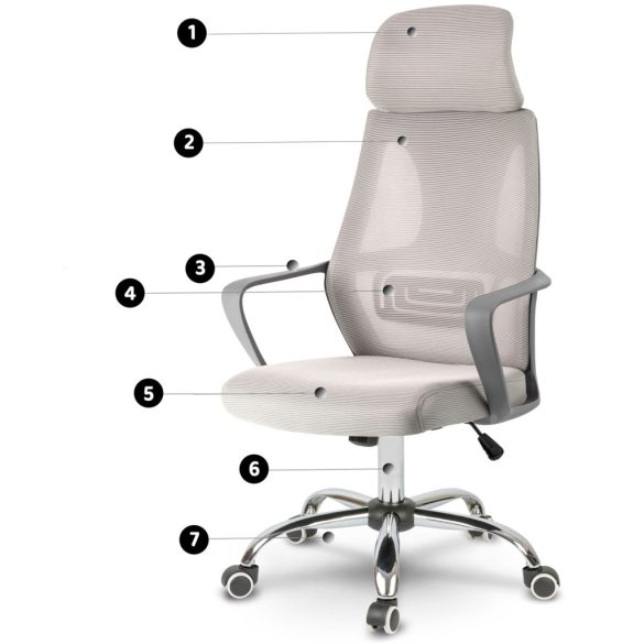 Irodai szék, Sofotel Praga, világosszürke, 118-128 cm, mikrohálós háttámla, állítható, hintamechanika, gázliftes magasságállítás, gumírozott kerekek