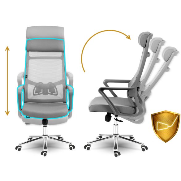 Irodai szék, Sofotel Brema, szürke, 121-127 cm, mikrohálós háttámla, állítható, gázliftes magasságállítás, gumírozott kerekek, 120 kg teherbírás