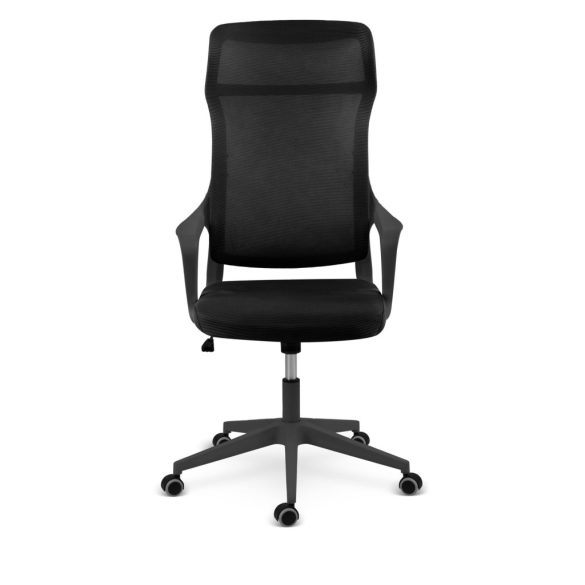 Irodai szék, Sofotel Labi, fekete, 132,5-142,5 cm, mikrohálós háttámla, deréktámasz, hintamechanika, gázliftes magasságállítás, gumírozott kerekek, 120 kg teherbírás