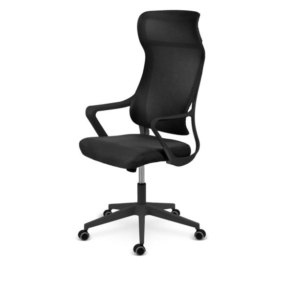 Irodai szék, Sofotel Labi, fekete, 132,5-142,5 cm, mikrohálós háttámla, deréktámasz, hintamechanika, gázliftes magasságállítás, gumírozott kerekek, 120 kg teherbírás