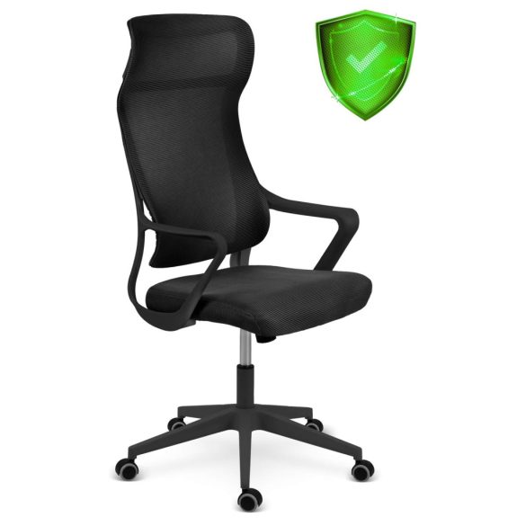 Irodai szék, Sofotel Labi, fekete, 132,5-142,5 cm, mikrohálós háttámla, deréktámasz, hintamechanika, gázliftes magasságállítás, gumírozott kerekek, 120 kg teherbírás