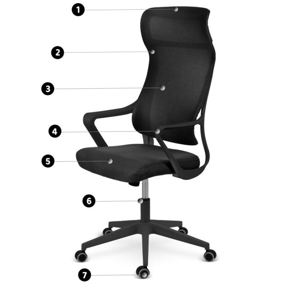Irodai szék, Sofotel Labi, fekete, 132,5-142,5 cm, mikrohálós háttámla, deréktámasz, hintamechanika, gázliftes magasságállítás, gumírozott kerekek, 120 kg teherbírás
