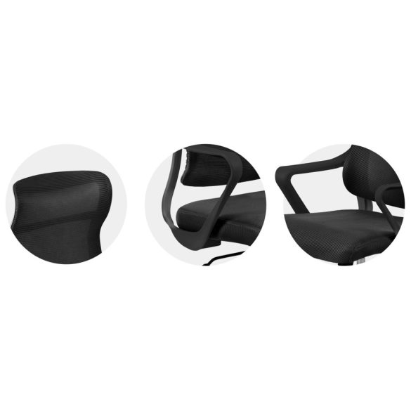 Irodai szék, Sofotel Labi, fekete, 132,5-142,5 cm, mikrohálós háttámla, deréktámasz, hintamechanika, gázliftes magasságállítás, gumírozott kerekek, 120 kg teherbírás