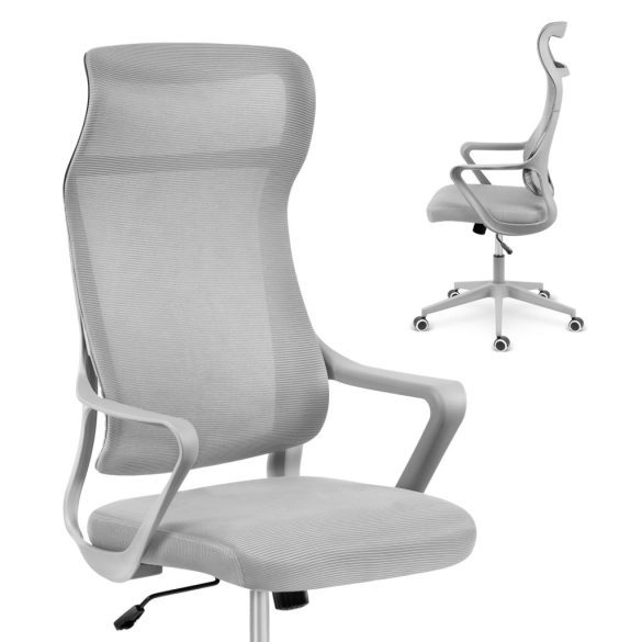 Irodai szék, Sofotel Labi, szürke, 132,5-142,5 cm, mikrohálós háttámla, deréktámasz, hintamechanika, gázliftes magasságállítás, gumírozott kerekek, 120 kg teherbírás