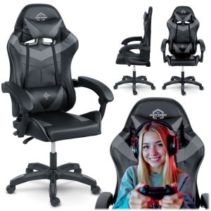 Gamer szék, Sofotel Draknor, fekete-szürke, 41-48 cm ülésmagasság, gumírozott kerekek, derék- és fejpárnával, 120 kg teherbírás