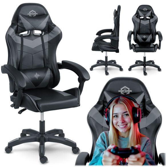 Gamer szék, Sofotel Draknor, fekete-szürke, 41-48 cm ülésmagasság, gumírozott kerekek, derék- és fejpárnával, 120 kg teherbírás