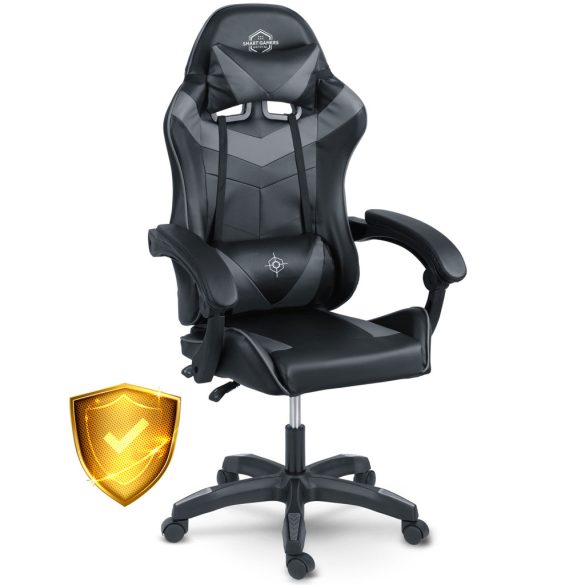 Gamer szék, Sofotel Draknor, fekete-szürke, 41-48 cm ülésmagasság, gumírozott kerekek, derék- és fejpárnával, 120 kg teherbírás