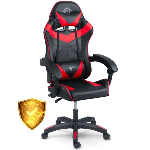 Gamer szék, Sofotel Draknor, fekete-piros, 41-48 cm ülésmagasság, gumírozott kerekek, derék- és fejpárnával, 120 kg teherbírás