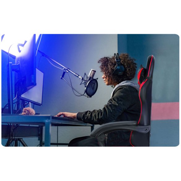 Gamer szék, Sofotel Draknor, fekete-piros, 41-48 cm ülésmagasság, gumírozott kerekek, derék- és fejpárnával, 120 kg teherbírás