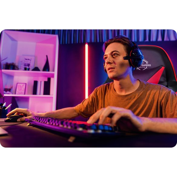 Gamer szék, Sofotel Draknor, fekete-piros, 41-48 cm ülésmagasság, gumírozott kerekek, derék- és fejpárnával, 120 kg teherbírás