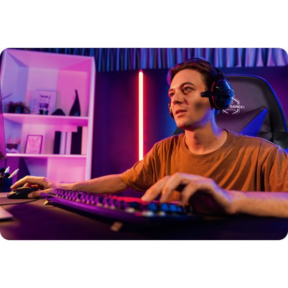 Gamer szék, Sofotel Draknor, fekete-kék, 41-48 cm ülésmagasság, gumírozott kerekek, derék- és fejpárnával, 120 kg teherbírás