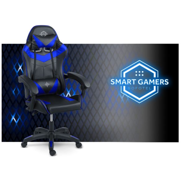Gamer szék, Sofotel Draknor, fekete-kék, 41-48 cm ülésmagasság, gumírozott kerekek, derék- és fejpárnával, 120 kg teherbírás
