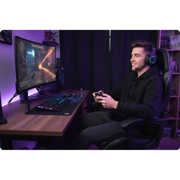 Gamer szék, Sofotel Draknor II, fekete-szürke, 36–46 cm ülésmagasság, lábtartós, dönthető, derék- és fejpárnával, 150 kg teherbírás (Kiállítási darab)