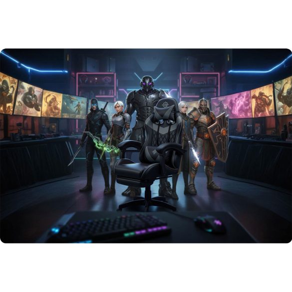 Gamer szék, Sofotel Draknor II, fekete-szürke, 36–46 cm ülésmagasság, lábtartós, dönthető, derék- és fejpárnával, 150 kg teherbírás (Kiállítási darab)