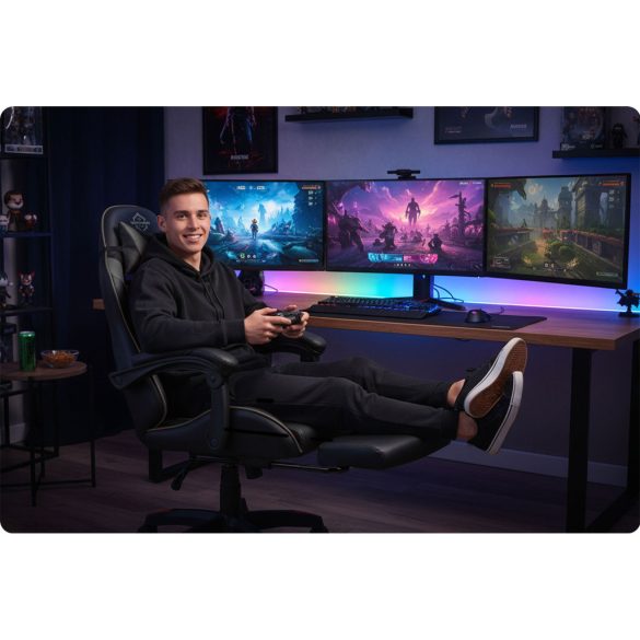Gamer szék, Sofotel Draknor II, fekete-szürke, 36–46 cm ülésmagasság, lábtartós, dönthető, derék- és fejpárnával, 150 kg teherbírás