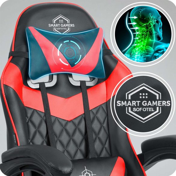 Gamer szék, Sofotel Draknor II, fekete-piros, 36–46 cm ülésmagasság, lábtartós, dönthető, derék- és fejpárnával, 150 kg teherbírás