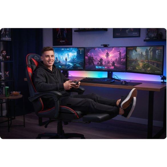Gamer szék, Sofotel Draknor II, fekete-piros, 36–46 cm ülésmagasság, lábtartós, dönthető, derék- és fejpárnával, 150 kg teherbírás