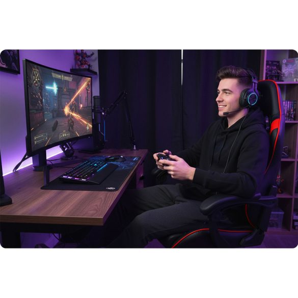 Gamer szék, Sofotel Draknor II, fekete-piros, 36–46 cm ülésmagasság, lábtartós, dönthető, derék- és fejpárnával, 150 kg teherbírás