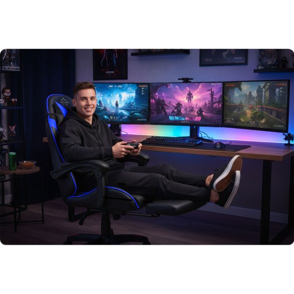 Gamer szék, Sofotel Draknor II, fekete-kék, 36–46 cm ülésmagasság, lábtartós, dönthető, derék- és fejpárnával, 150 kg teherbírás