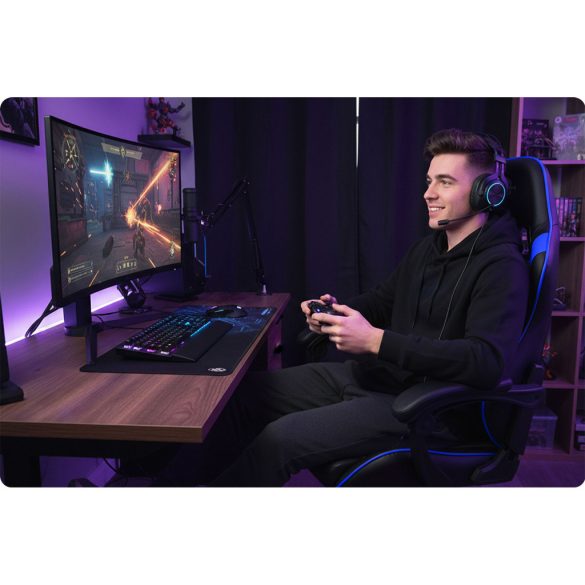 Gamer szék, Sofotel Draknor II, fekete-kék, 36–46 cm ülésmagasság, lábtartós, dönthető, derék- és fejpárnával, 150 kg teherbírás