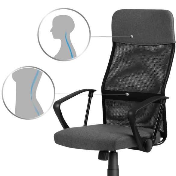 Irodai szék, Sofotel Sydney, sötétszürke, 110-117,5 cm, mikrohálós háttámla, állítható, hintamechanika, gázliftes magasságállítás, gumírozott kerekek