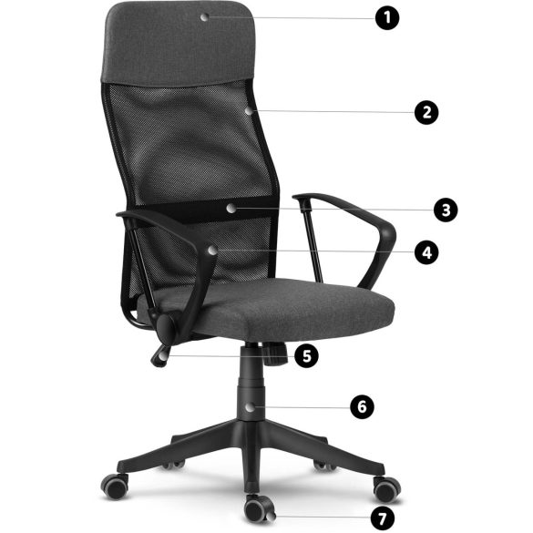 Irodai szék, Sofotel Sydney, sötétszürke, 110-117,5 cm, mikrohálós háttámla, állítható, hintamechanika, gázliftes magasságállítás, gumírozott kerekek