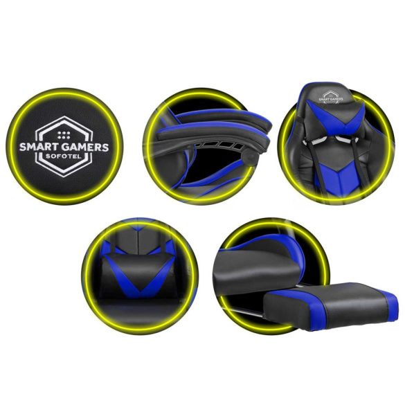 Gamer szék, Sofotel Cerber, fekete-kék, 46-56 cm ülésmagasság, lábtartós, gumírozott kerekek