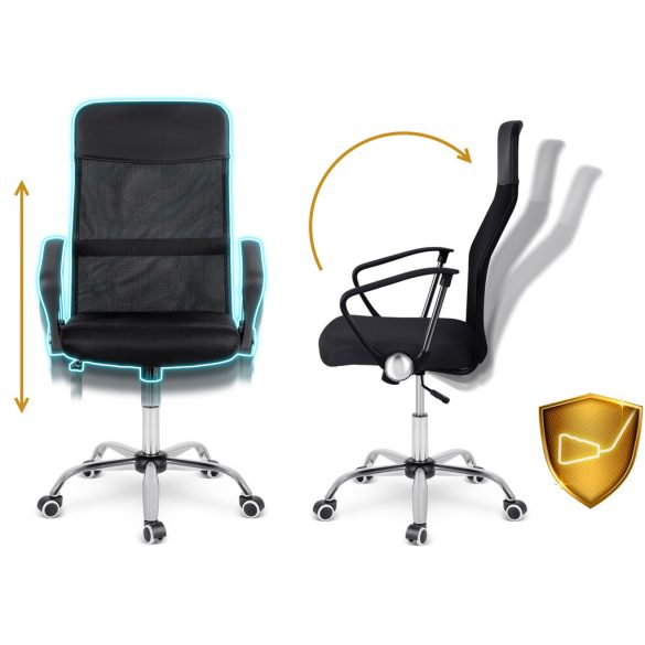 Irodai szék, Sofotel Tamar, fekete, 105-115 cm, 34-44 cm ülésmagasság, mikrohálós háttámla, állítható, hintamechanika, gázliftes magasságállítás, gumírozott kerekek