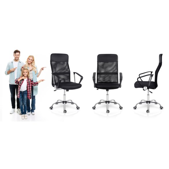 Irodai szék, Sofotel Tamar, fekete, 105-115 cm, 34-44 cm ülésmagasság, mikrohálós háttámla, állítható, hintamechanika, gázliftes magasságállítás, gumírozott kerekek