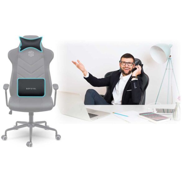 Irodai szék, Sofotel Verona, fekete, 41–48 cm ülésmagasság, hintafunkció, gázliftes magasságállítás, műbőr kárpit, gumírozott kerekek, fém talp, deréktámasz és fejpárna, 120 kg teherbírás