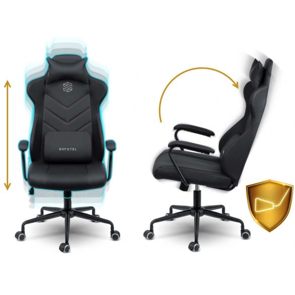 Irodai szék, Sofotel Verona, fekete, 41–48 cm ülésmagasság, hintafunkció, gázliftes magasságállítás, műbőr kárpit, gumírozott kerekek, fém talp, deréktámasz és fejpárna, 120 kg teherbírás