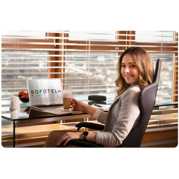 Irodai szék, Sofotel Verona, fekete, 41–48 cm ülésmagasság, hintafunkció, gázliftes magasságállítás, műbőr kárpit, gumírozott kerekek, fém talp, deréktámasz és fejpárna, 120 kg teherbírás