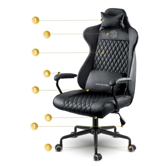 Irodai szék, Sofotel Verona, fekete, 41–48 cm ülésmagasság, hintafunkció, gázliftes magasságállítás, műbőr kárpit, gumírozott kerekek, fém talp, deréktámasz és fejpárna, 120 kg teherbírás