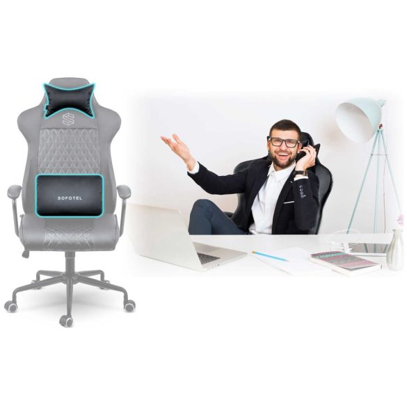 Irodai szék, Sofotel Verona, fekete, 41–48 cm ülésmagasság, hintafunkció, gázliftes magasságállítás, műbőr kárpit, gumírozott kerekek, fém talp, deréktámasz és fejpárna, 120 kg teherbírás