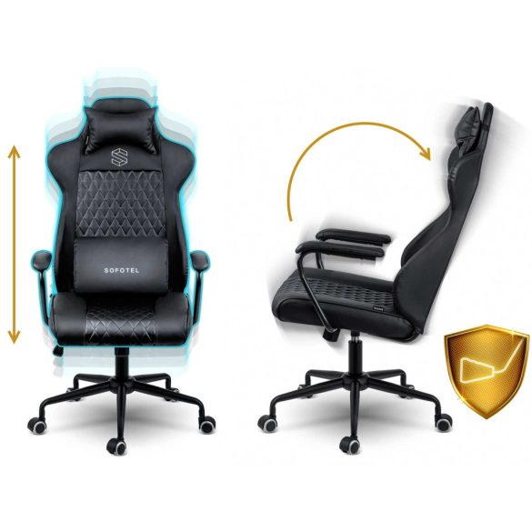 Irodai szék, Sofotel Verona, fekete, 41–48 cm ülésmagasság, hintafunkció, gázliftes magasságállítás, műbőr kárpit, gumírozott kerekek, fém talp, deréktámasz és fejpárna, 120 kg teherbírás