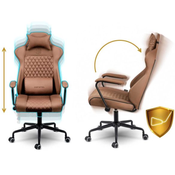 Irodai szék, Sofotel Verona, barna, 41–48 cm ülésmagasság, hintafunkció, gázliftes magasságállítás, műbőr kárpit, gumírozott kerekek, fém talp, deréktámasz és fejpárna, 120 kg teherbírás