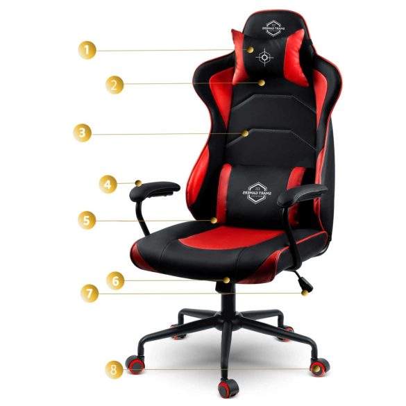 Gamer szék, Sofotel Katarina, piros, 41-48 cm, állítható magasság, hintáztatható, műbőr, gumírozott kerekek, derék- és fejpárnával