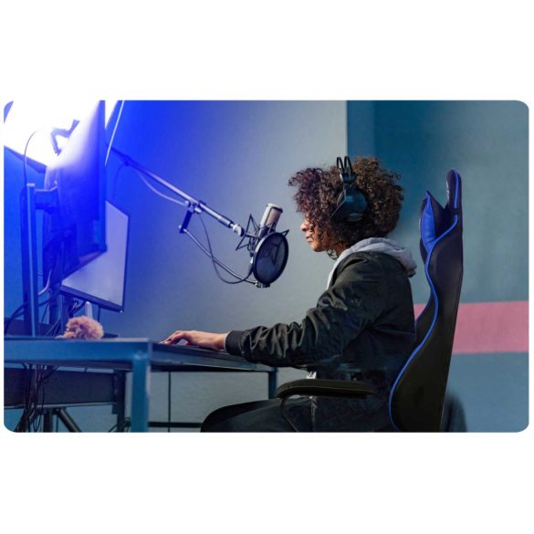 Gamer szék, Sofotel Yasuo, kék, 41-48 cm, állítható magasság, hintáztatható, műbőr, gumírozott kerekek, derék- és fejpárnával