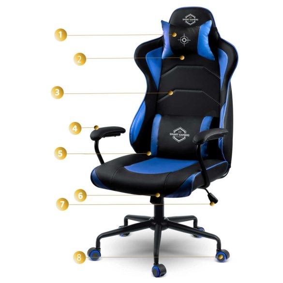 Gamer szék, Sofotel Yasuo, kék, 41-48 cm, állítható magasság, hintáztatható, műbőr, gumírozott kerekek, derék- és fejpárnával