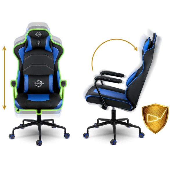 Gamer szék, Sofotel Yasuo, kék, 41-48 cm, állítható magasság, hintáztatható, műbőr, gumírozott kerekek, derék- és fejpárnával