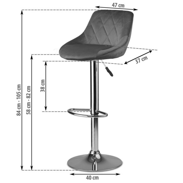 Bárszék, Sofotel Nerra, szürke, 1 db, 58-82cm ülésmagasság, háttámlás, lábtartóval, krómozott talp