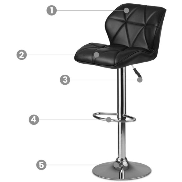 Bárszék, Sofotel Castel, fekete, 2 db, 62–84 cm ülésmagasság, háttámlás, lábtartóval, krómozott talp