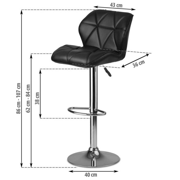 Bárszék, Sofotel Castel, fekete, 2 db, 62–84 cm ülésmagasság, háttámlás, lábtartóval, krómozott talp