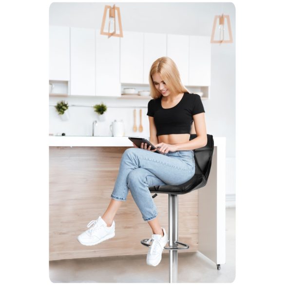 Bárszék, Sofotel Castel, fekete, 2 db, 62–84 cm ülésmagasság, háttámlás, lábtartóval, krómozott talp