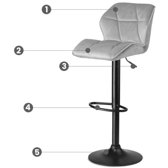 Bárszék, Sofotel Castel, világosszürke, 2 db, 62–84 cm ülésmagasság, háttámlás, lábtartóval, fekete talp